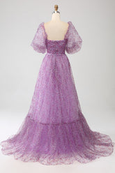 A-Linie Lila Korsett Ballkleid mit quadratischem Ausschnitt und halben Ärmeln